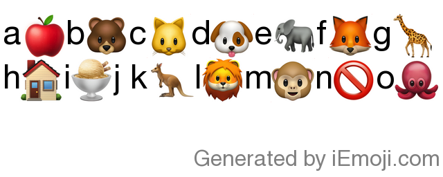 Message: a🍎b🐻c🐱d🐶e🐘f🦊g🦒h🏠i🍨j k  l🦁m🐵n🚫o🐙