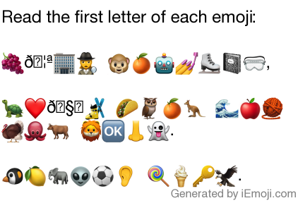 Message: Read the first letter of each emoji: 🕵️‍♀️ ,